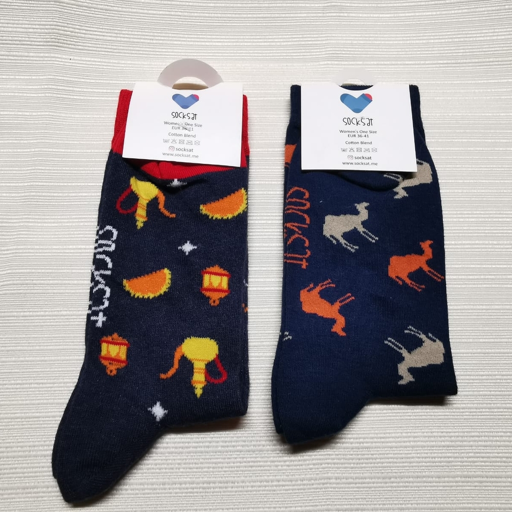 Playful Blue and Orange Crew Socks with Animal Patterns
